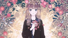 Flowers woman anime girls blue eyes brunettes red flowers