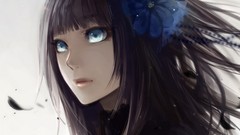 Flowers woman Anime lips long hair blue eyes flower petals 