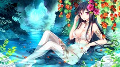 Flowers woman Anime rivers artwork thigh highs