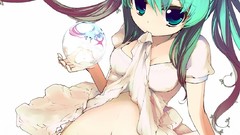 Flowers woman Anime white background skirts blue hair long hair 