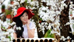Flowers woman asians long hair oriental Red Hat