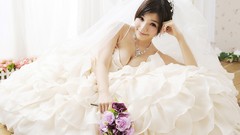 Flowers woman asians smiling brides cleavage necklaces wedding 