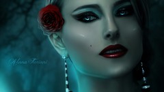 Flowers woman blue eyes red lipstick artwork