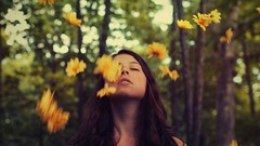 Flowers woman bokeh closed eyes brunettes yellow flowers