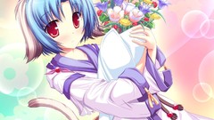 Flowers woman bouquet Anime red eyes blue hair nekomimi animal 