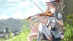 Flowers woman brown dress gloves Ribbons long hair anime girls 