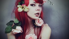 Flowers woman brown eyes open mouth flower in hair redheads