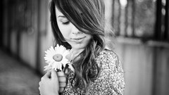 Flowers woman brunettes grayscale