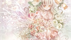 Flowers woman bubbles dress blondes smiling long hair gold eyes