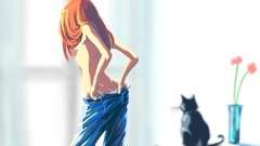 Flowers woman cats Anime anime girls redheads skinny artwork 