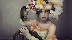 Flowers woman chairs hats fashion brunettes bare shoulders 