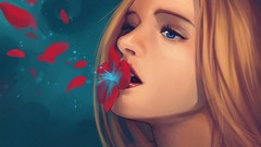 Flowers woman close-up lips faces blondes blue eyes flower 