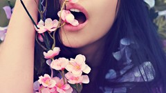 Flowers woman closed eyes open mouth