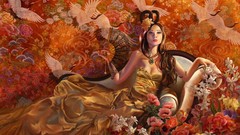 Flowers woman Cranes fans queen couch fantasy art
