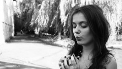 Flowers woman dandelions monochrome brunettes