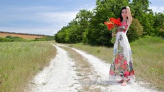Flowers woman dress brunettes girls in nature