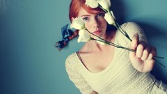 Flowers woman dress long hair blue eyes redheads