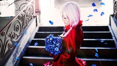 Flowers woman dress red dress pink hair long hair closed eyes 