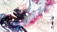 Flowers woman dress Umbrellas asians long hair flower petals 