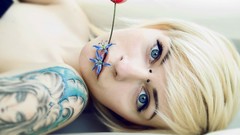 Flowers woman faces blondes tattoos blue eyes short hair 