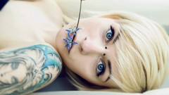 Flowers woman faces blondes tattoos blue eyes short hair lying 