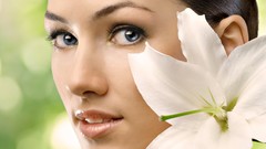 Flowers woman faces blue eyes brunettes