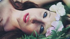 Flowers woman faces blue eyes freckles