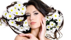 Flowers woman faces brown eyes brunettes