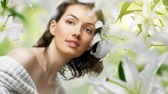 Flowers woman faces brunettes