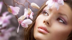 Flowers woman faces brunettes models