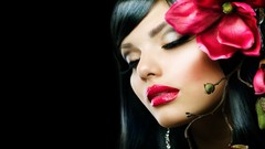 Flowers woman faces brunettes models