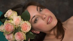 Flowers woman faces long hair green eyes brunettes lorena garcia