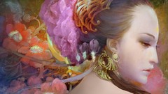 Flowers woman faces multicolor hair ornaments artwork fantasy 