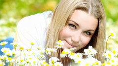 Flowers woman faces outdoors blondes smiling