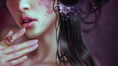 Flowers woman faces tattoos hair ornaments artwork Yuehui Tang