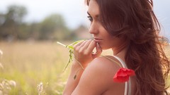 Flowers woman fields brunettes