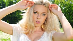 Flowers woman fields outdoors blondes blue eyes cleavage 