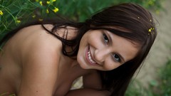 Flowers woman fields outdoors smiling brunettes models boobs 