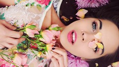 Flowers woman flower petals black hair open mouth lying down