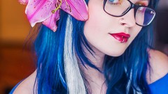 Flowers woman glasses faces blue hair long hair piercings 
