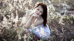 Flowers woman happy outdoors asians smiling brunettes models