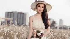 Flowers woman hats asians brunettes