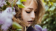 Flowers woman lips faces blondes long hair brunettes freckles