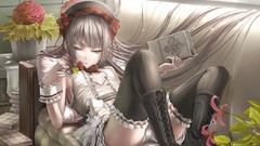 Flowers woman long hair anime girls boots lolita fashion gray 