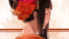 Flowers woman long hair closed eyes brunettes hair ornaments