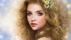 Flowers woman paintings faces blondes blue eyes artwork digital 