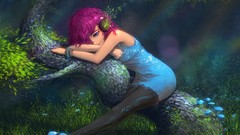 Flowers woman pink hair blue dress