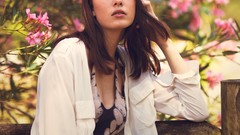 Flowers woman Plants brunettes cleavage