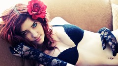 Flowers woman red eyes faces lingerie blue eyes piercings 