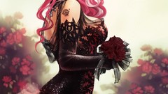 Flowers woman red eyes stockings pink hair animal ears artwork 